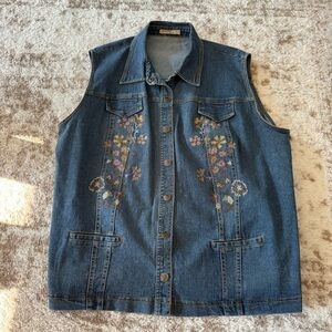 Y2K Vintage denim vest Rare Hand-look floral cross-stitch embroidery Boho Westrn
